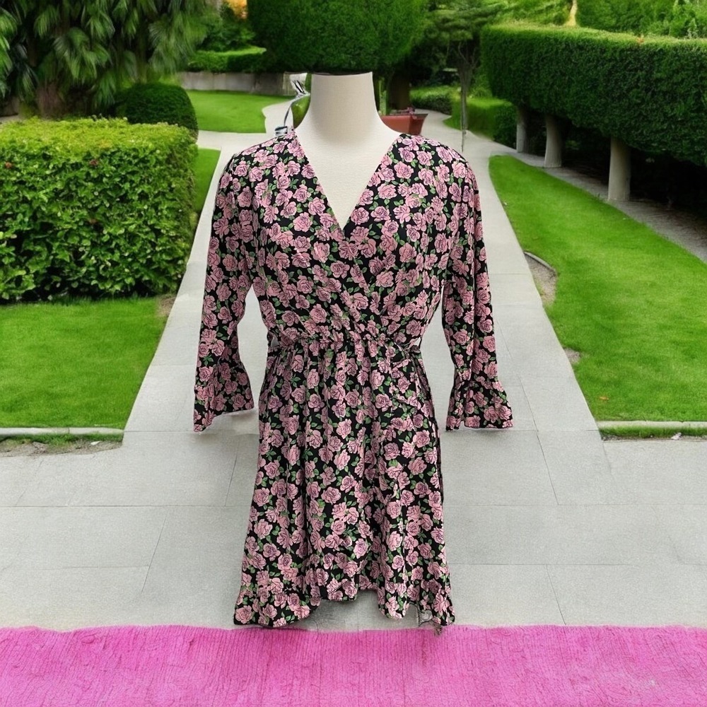 Boohoo Floral Mini Dress V-Neck Puff Sleeves Tie Waist Black Women's Short SizeS